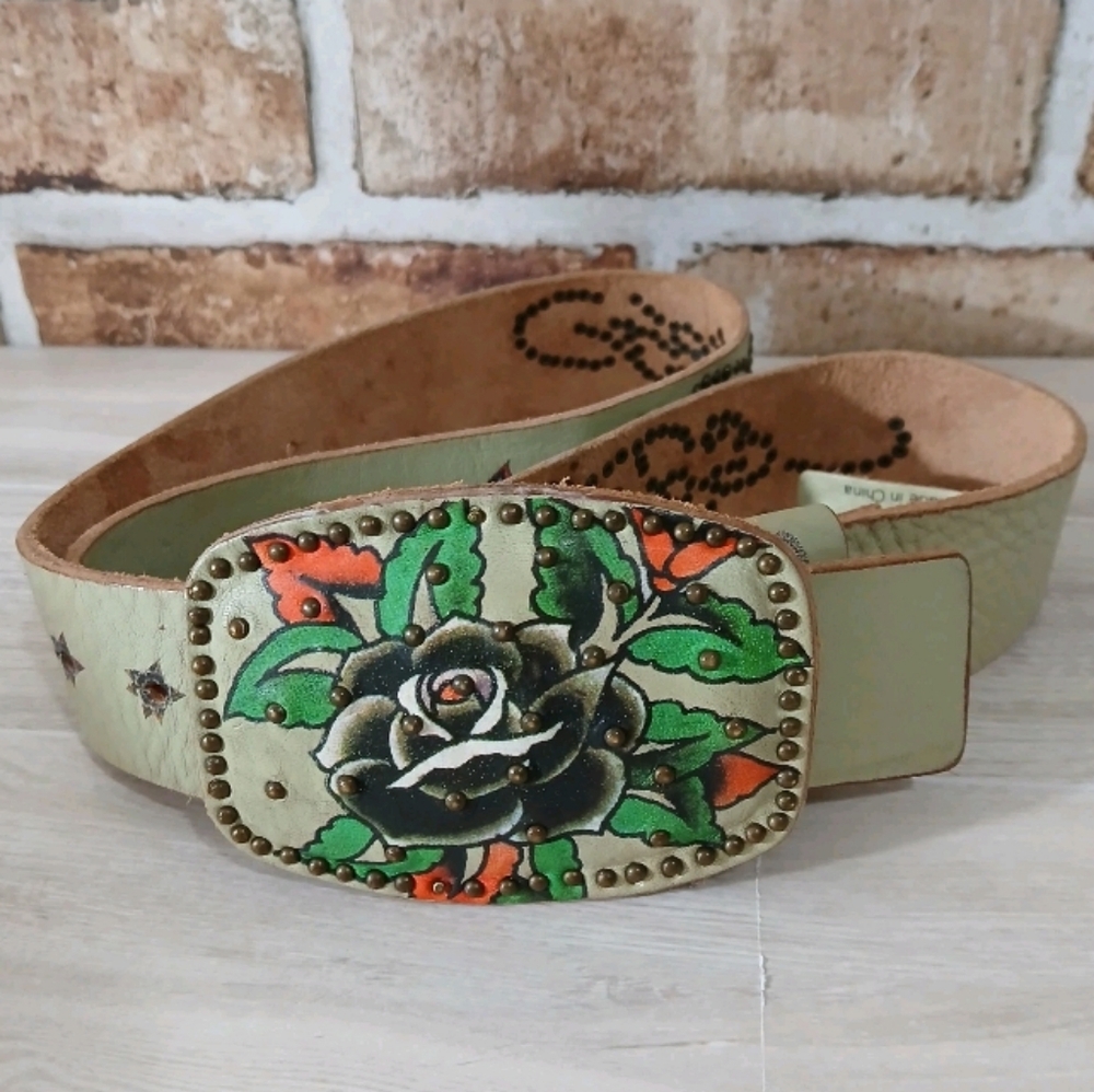 Ed Hardy EH30007W Beige Leather Belt Dark Rose Rhinestone Logo Matching Buckle M